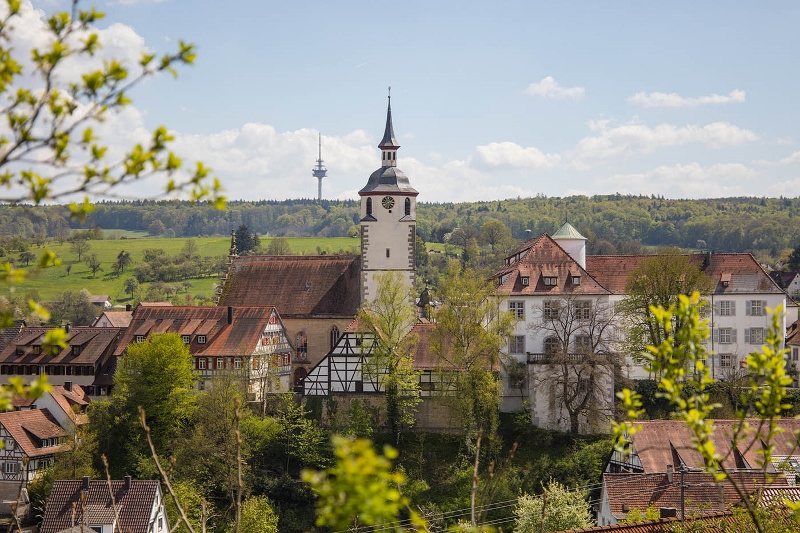 Stadtansicht Blick auf Waldenbuch mit Fachwerkhäusern und der Stadtkirche St. Veit