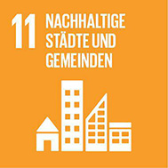 Nachhaltige Städte und Gemeinden Symbol des UN-Nachhaltigkeitsziels 11 auf orangefarbenem Hintergrund mit weißen Gebäuden und dem Text: „Nachhaltige Städte und Gemeinden“.