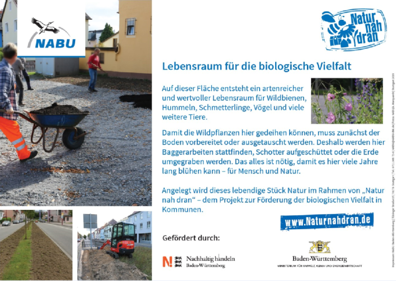 Lebensraum für die biologische Vielfalt – NABU-Projekt „Natur nah dran“ in Kommunen Bauarbeiten für mehr blühende Vielfalt: Mit dem vorläufigen Schild informieren NABU und die Stadt Waldenbuch über den Beginn der Umgestaltung. Copyright: NABU Baden-Württemberg