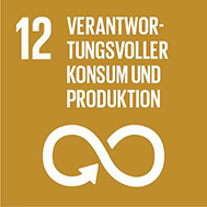 Verantwortungsvolle Konsum- und Produktionsmuster Symbol des UN-Nachhaltigkeitsziels 12 auf ockerfarbenem Hintergrund mit Unendlichkeitszeichen und dem Text: „Verantwortungsvoller Konsum und Produktion“.